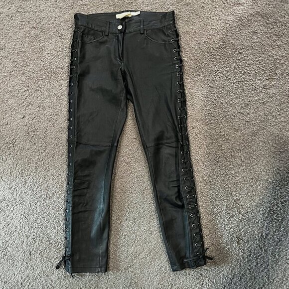 ISABEL MARANT X H&M BLACK NAPPA LEATHER LACE UP LEG MOTO TROUSER PANT EUC 2 - Picture 1 of 14